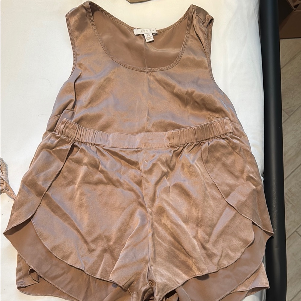 Lunya Silky Sleeveless Romper in Tan